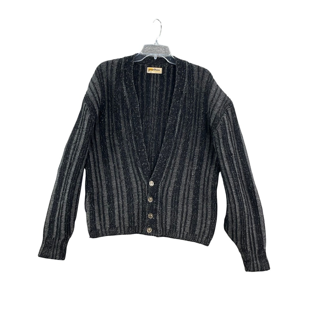 Puritan Cardigan Men 42 Black Gray Wool Ribbed Knit Vintage Button Front Sweater
